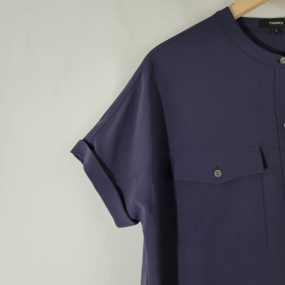 Theory Women Navy Shirt Dress Sz L Faux Silk Short Sleeve Midi Pocket High-Low - Picture 4 of 12
